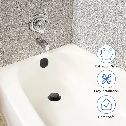 Heavy Duty Solid Brass Tub Drain Kit With Matte Black Finish And Universal Fit For Quick Bathroom Upgrades No Sweat Installation, shown in a bathtub.