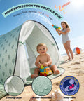 Toddler in Pop Up Baby Beach Tent With UPF 50+ Sun Shade Mosquito Net Shelter Portable Outdoor Canopy For Babies And Toddlers Green Leaves Pattern Easy Setup Summer Essentials on beach