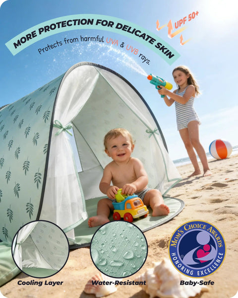 Toddler in Pop Up Baby Beach Tent With UPF 50+ Sun Shade Mosquito Net Shelter Portable Outdoor Canopy For Babies And Toddlers Green Leaves Pattern Easy Setup Summer Essentials on beach