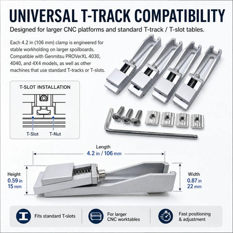 4 Pack Low Profile Aluminum Toe Clamps For CNC Router Vise Upgrade With Lateral Side Pressure For Maximum Bit Clearance On T Track And T Slot With Pro Level Workholding For Big Projects Compatible With PROVerXL 4030 4040 And 4X4 layout and dimensions