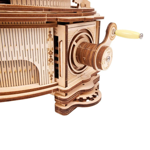 Close-up of crank on DIY Solar System Wood Puzzle Kit For Teens And Adults, 14 Inch Tall 3D Solar System Model