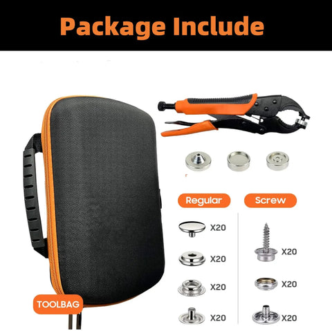 Adjustable Snap Fastener Plier Kit with 40 Metal Snaps, toolbag, and accessories for canvas tarps, boat covers, leather projects.