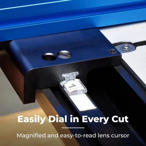Pro Level Band Saw Fence With Hella Precise Drift Adjustment And Laser Cursor For 14 Inch Woodworking Bandsaws close-up of magnified lens cursor.