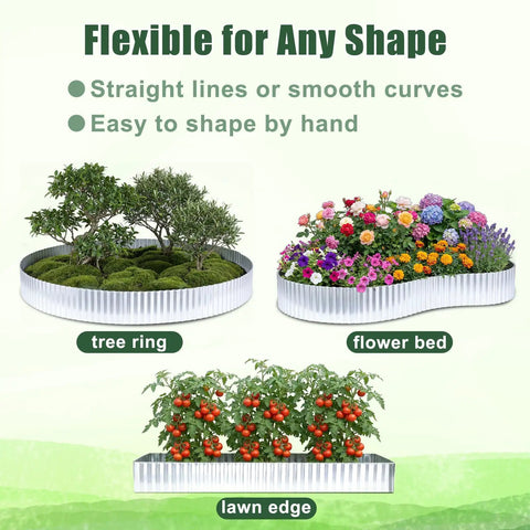 Heavy Duty Galvanized Steel Garden Edging 6 Inch By 40 Feet Rust Resistant Landscape Border shows tree ring, flower bed, lawn edge.