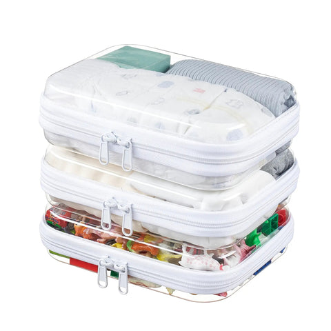 Stack of Three Pack Medium Clear Hard Shell Zipper Pouches for Purse and Diaper Bag, ideal for organizing travel essentials, 7.8x6.3 inches