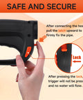 Close-up of a hand operating a pressure washer gun highlighting lock feature. Versatile Heavy Duty Pressure Washer Gun And Hose Kit With Replacement Extension Wand For Most Brands Built With Steel Plated Zinc Fittings Anti Rust And Leak Free Great For Cars Driveways Floors Windows And More.