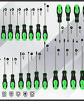 118-Piece Magnetic Screwdriver Set With Plastic Rack And Magnetizer Demagnetizer displayed in an array showing various types and sizes.