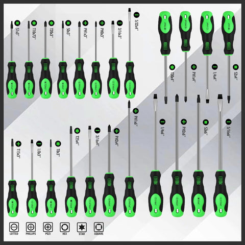 118-Piece Magnetic Screwdriver Set With Plastic Rack And Magnetizer Demagnetizer displayed in an array showing various types and sizes.