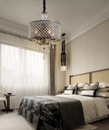 Crystal Drum Chandelier With Bronze Finish Four Light Ceiling Fixture in bedroom, vintage farmhouse style, cascading crystals