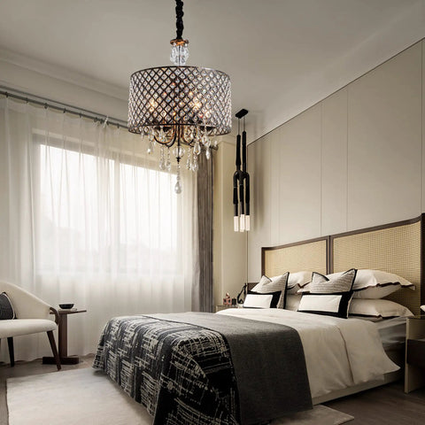 Crystal Drum Chandelier With Bronze Finish Four Light Ceiling Fixture in bedroom, vintage farmhouse style, cascading crystals