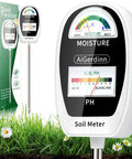 2 In 1 Soil Moisture Meter And PH Tester With Dual Dial Display For Garden Lawn Farm Indoor Outdoor Plants Simultaneously Shows Moisture And PH Readings Easy To Use For Beginners And Pro Gardeners, close-up view next to packaging box in grass.