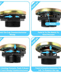 Step-by-step guide showing use of vented diesel transfer tank cap with threaded neck and two inch base for easy fuel venting gas fill lid