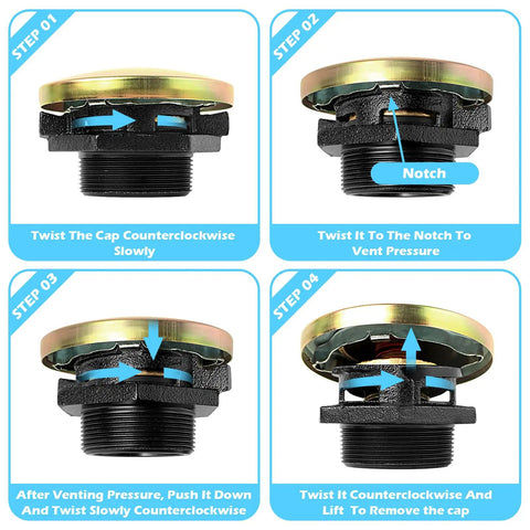 Step-by-step guide showing use of vented diesel transfer tank cap with threaded neck and two inch base for easy fuel venting gas fill lid