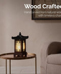 Handmade Korean Wood Lamp With Pagoda Design, Cozy Table Lantern For Bedroom And Living Room on a round table