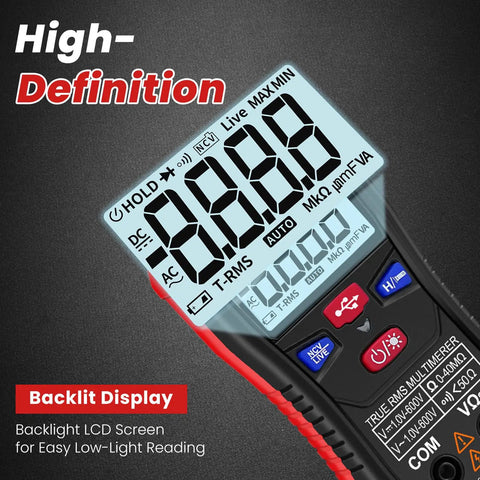 Rechargeable Digital Multimeter Tester With Type-C Interface, 4000 Counts, LCD display close-up showing smart readouts and features