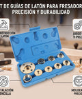 Top Shelf Brass Router Bushing Template Guide Set 11 Pieces For Quick Install Woodworking Accessories With Various Sizes in blue case.