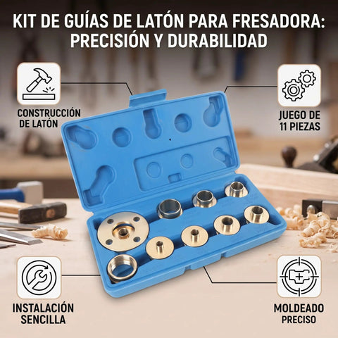 Top Shelf Brass Router Bushing Template Guide Set 11 Pieces For Quick Install Woodworking Accessories With Various Sizes in blue case.