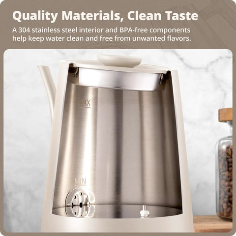 Interior view of Electric Gooseneck Kettle With Precision Temperature Control 1200W Fast Boil 0.8L Stainless Steel BPA Free Ideal For Pour Over Coffee And Tea Adjustable 104 To 212 Fahrenheit Keeps Your Brew At The Right Temp