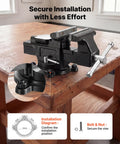 Built Like A Tank Heavy Duty Bench Vise With 4 Inch Ductile Iron Jaws and Full Rotary Swivel Base secure installation on wooden table.
