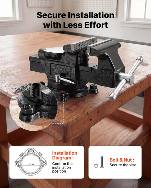 Built Like A Tank Heavy Duty Bench Vise With 4 Inch Ductile Iron Jaws and Full Rotary Swivel Base secure installation on wooden table.