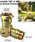 Hose Connector 180 Degree And 360 Degree Brass Garden Hose Elbow Adapter For RV And Camper Use Twist Free No Fuss Kink Resistant Easy Faucet Connection For Outdoor Hoses And Watering, 3/4 in GHT brass swivel connector