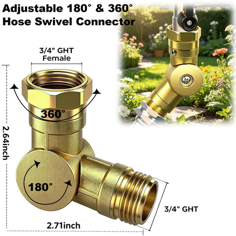 Hose Connector 180 Degree And 360 Degree Brass Garden Hose Elbow Adapter For RV And Camper Use Twist Free No Fuss Kink Resistant Easy Faucet Connection For Outdoor Hoses And Watering, 3/4 in GHT brass swivel connector