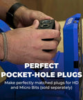 Heavy Duty Plug Cutter Drill Guide Kit Designed To Instantly Hide Pocket Screw Holes For Crisp Wood Finishes, user preparing plugs.