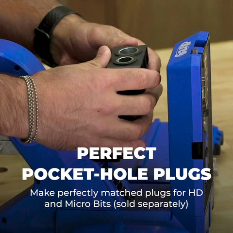 Heavy Duty Plug Cutter Drill Guide Kit Designed To Instantly Hide Pocket Screw Holes For Crisp Wood Finishes, user preparing plugs.