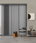 Adjustable Sliding Panel Track Door Blinds For Sliding Glass Doors, Cordless 4-Panel System Extends From 45.8 To 86 Inches Wide, 96 Inches Tall Grey Trimmable Fabric Panels, Light Filtering, Easy To Install And Clean installed in living room