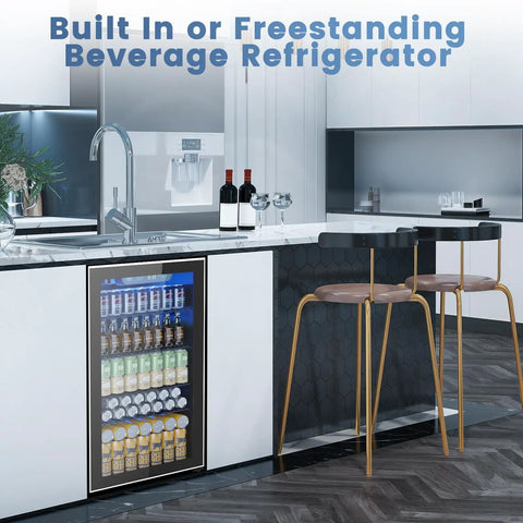 3.2 Cu Ft Beverage Refrigerator With Adjustable Temperature Control, 130 Can Capacity For Soda Beer And Wine installed in kitchen