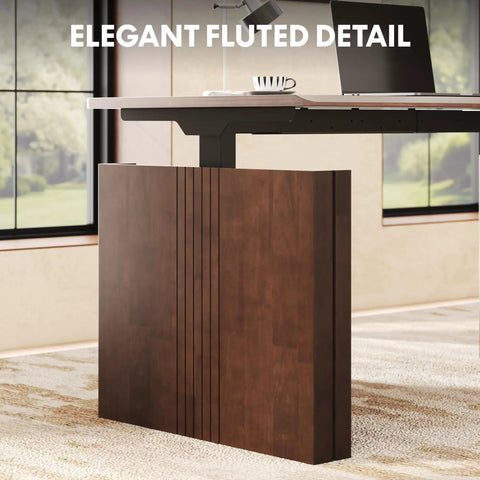 Get The Legit Badass Solid Wood Executive Standing Desk Featuring Sculpted Fluted H Frame Adjustable Height Mid Century Office Table In Rich Walnut For Your Setup, showcasing elegant fluted detail.