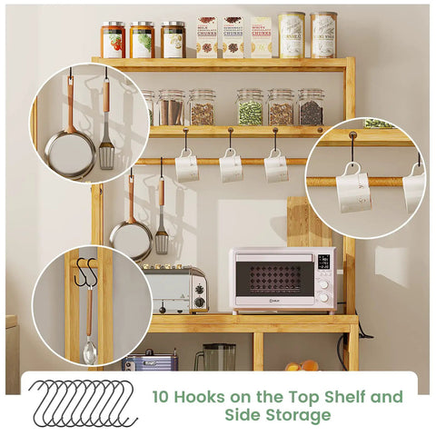 Bakers Rack With Power Outlets And Eight Tier Microwave Stand Bamboo Kitchen Storage Shelf With Ten S Shaped Hooks Coffee Bar Table Station Standing Rack 65 Inches Tall 31.5 By 15.7 Inches showing shelves with jars, hooks, and a microwave.