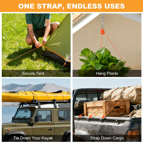 14Ft Retractable Paracord Rope Tie Down Straps With Ratchet Tensioners 6 Pack 150Lb Each for tents, plants, kayaks, cargo