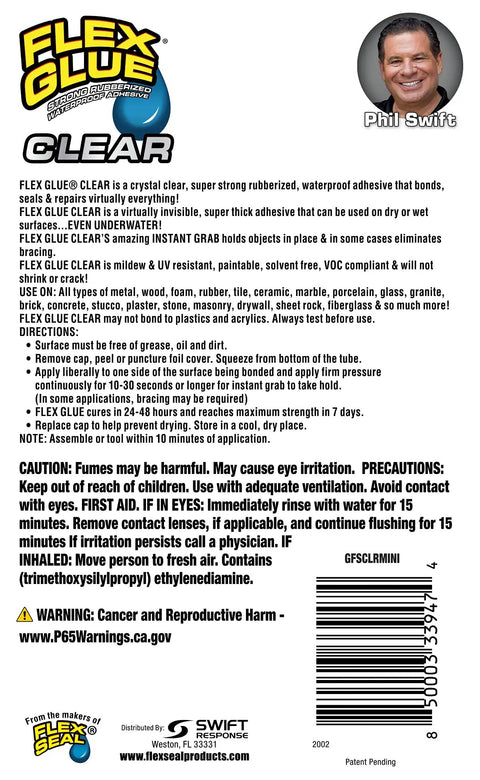 Super Slick Rubberized Waterproof Adhesive Blends Clear Paste For Kickass Instant Hold On Every Surface Bonds Fast Whether Dry Or Underwater Drops Zero Drips And Applies Smooth Overhead For Dead Simple Repairs label with usage instructions and warnings.