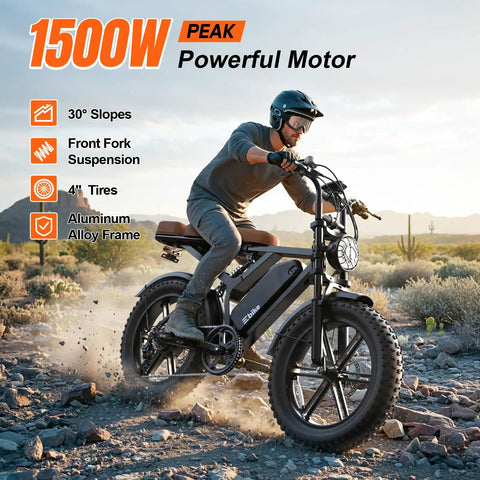 Person riding a Powerful Electric Bike For Adults With 1500W Peak Motor And 60 To 80 Mile Range in a rocky landscape
