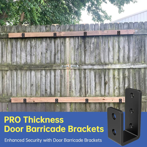 Wooden gate reinforced with Beefy U Shaped Door Barricade Brackets For 2x4 Wood Reinforcement Industrial Grade Steel Security Brackets For Doors Gates Sheds Basements Black 3mm Heavy, showing installation.