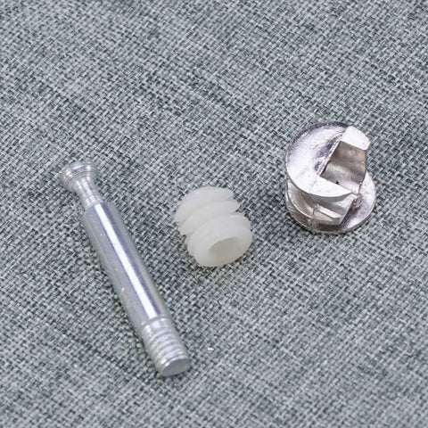 24 Sets Cam Lock Dowel Connectors For Furniture Iron And Nylon Material with threaded fastener components on fabric surface