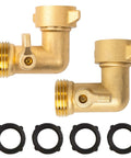 90 Degree Brass Garden Hose Adapter With Shut Off Valve For Easy Water Flow Control No Fuss 3 Quarter Inch Solid Brass Elbow Connector Durable Outdoor Hose Fitting Includes 4 Replacement Washers 2 Pack For Leak Free Connections. 2 brass elbow adapters and 4 washers