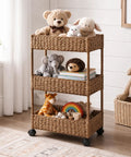 3-Tier Rolling Storage Cart Cinnamon Water Hyacinth Finish For Bathroom Nursery Craft Room And Laundry Organization On Wheels