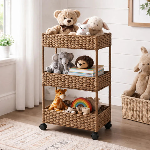 3-Tier Rolling Storage Cart Cinnamon Water Hyacinth Finish For Bathroom Nursery Craft Room And Laundry Organization On Wheels