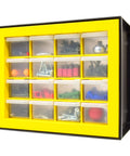Straightforward 16 Drawer Toolbox Organizer For Garage Desk Storage Kills The Mess At Your Workbench, yellow wall-mounted unit with clear drawers.
