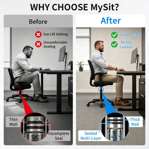 Before and after image showcasing the benefits of Swap Out The Saggy Stem On Office Chairs Using This Heavy Duty Class Four Gas Cylinder With A Two Point Two Inch Stroke For Tough As Nails Height Adjustments And Glides Smooth Daily.