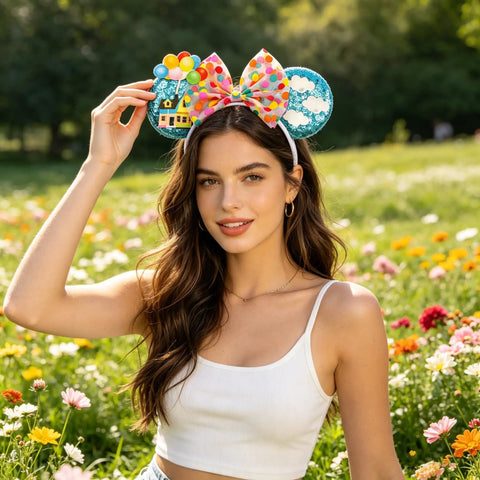 Woman outdoors wearing Blue Balloon Hut Sequin Ears Headband With Cloud Confetti Bow And Balloon House Charms Fun Plush Mouse Ear Accessory For Adults And All Your Outings Cute Day Trip Party Wear For All Day Adventures