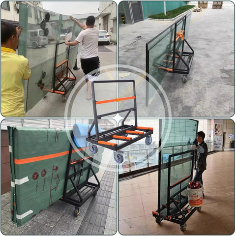 No Sweat Heavy Duty Steel Glass Transport Rack Cart Panel Mover Dolly With Swivel Caster Wheels transporting large glass sheets.