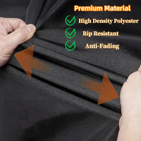 Hands stretching Replacement Canopy Top For Patio Swing material showing rip resistance and high-density polyester features.