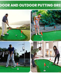 Pro Grade Golf Putting Green Practice Mat 5x10ft in various indoor and outdoor settings with flags and cups.
