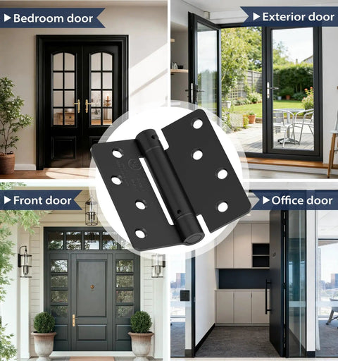 Heavy Duty 4 Inch Self Closing Door Hinges Three Pack with a black finish for bedroom, front, exterior, and office doors.