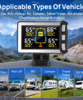 RV Tire Pressure Monitoring System TPMS Sensors Kit Set of 4 For Travel Trailers And Motorhomes, Wireless Tire Monitoring, Real Time Alerts, Easy Install, Durable, Keeps Your Wheels Safe On The Road. LCD display with RV tire pressure and temperature readings for car, SUV, pickup, camper, and 5th wheel