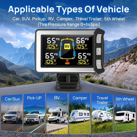 RV Tire Pressure Monitoring System TPMS Sensors Kit Set of 4 For Travel Trailers And Motorhomes, Wireless Tire Monitoring, Real Time Alerts, Easy Install, Durable, Keeps Your Wheels Safe On The Road. LCD display with RV tire pressure and temperature readings for car, SUV, pickup, camper, and 5th wheel