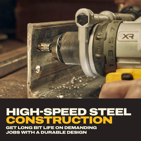 DEWALT countersink drill bit set, 5-piece, black and gold, installed in cordless drill on metal workpiece